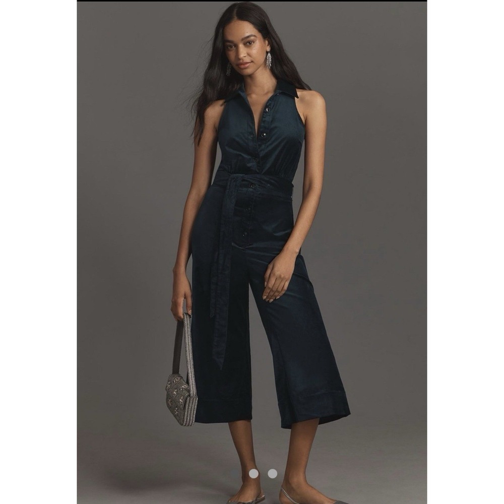 Anthropologie‎ Maeve Velvet Halter Crop Jumpsuit Blue 8 Stretch